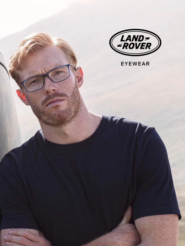 Land Rover sustainable eyewear. Image show model wearing Redford from the Land Rover sustainable collection.